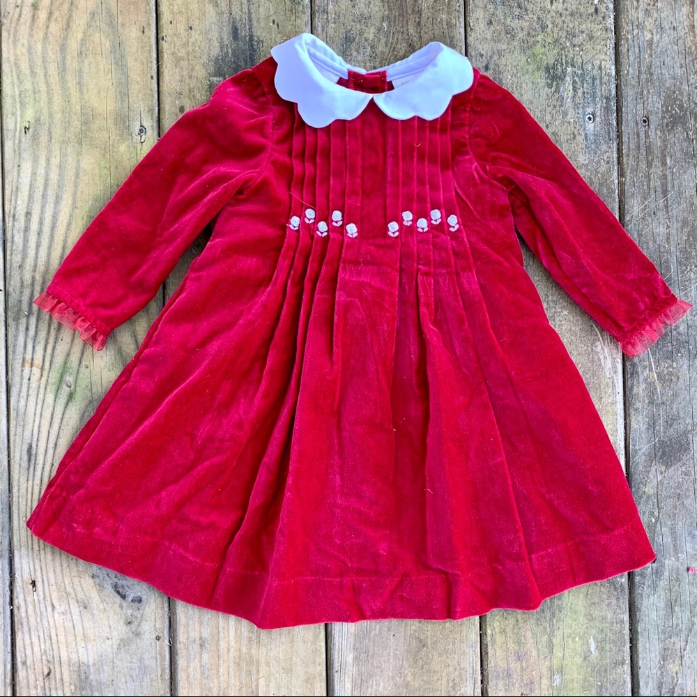 Vintage Red Velour Peter Pan Collar Ruffled Pleated Long Sleeve Christmas Dress